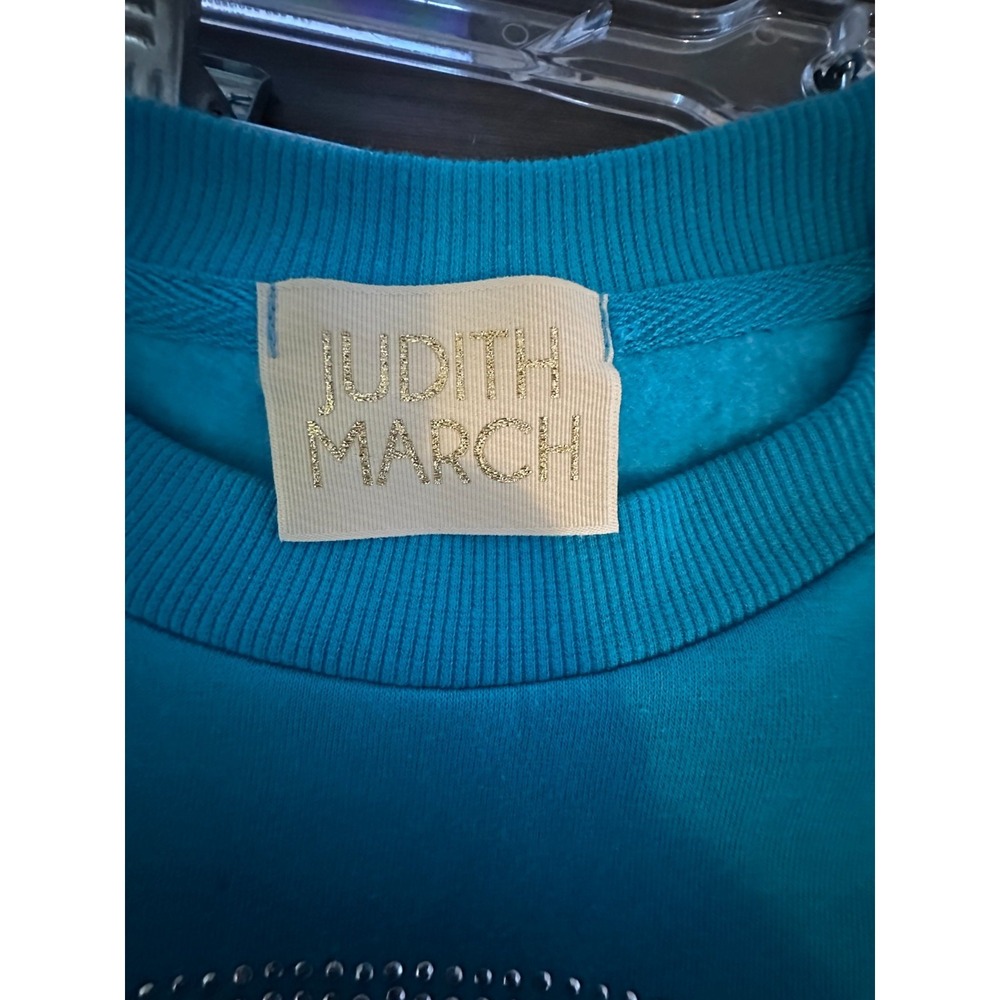 Judith March Happy Mama Rhinestone Smiley Sweatshirt M Teal Cropped - Picture 3 of 6